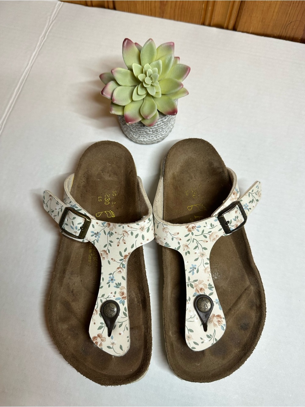 Papillio Girls White Floral T-Strap Sandals with Pink & Green Accents